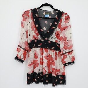 Fei Floral Silk Chiffon Blouse Top Womens 2‎ Black Sheer Bohemian Boho Kimono